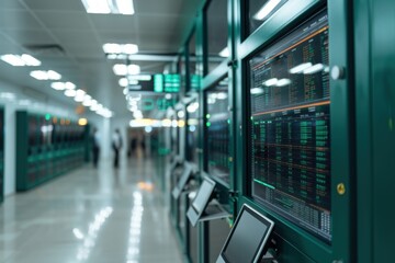 A modern data center filled with rows of servers and monitors displaying various data points, representing advanced computing technology, organization, and efficient data management.