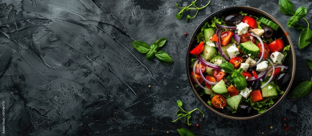 Poster a traditional greek salad displayed on a dark background with room for additional text or images