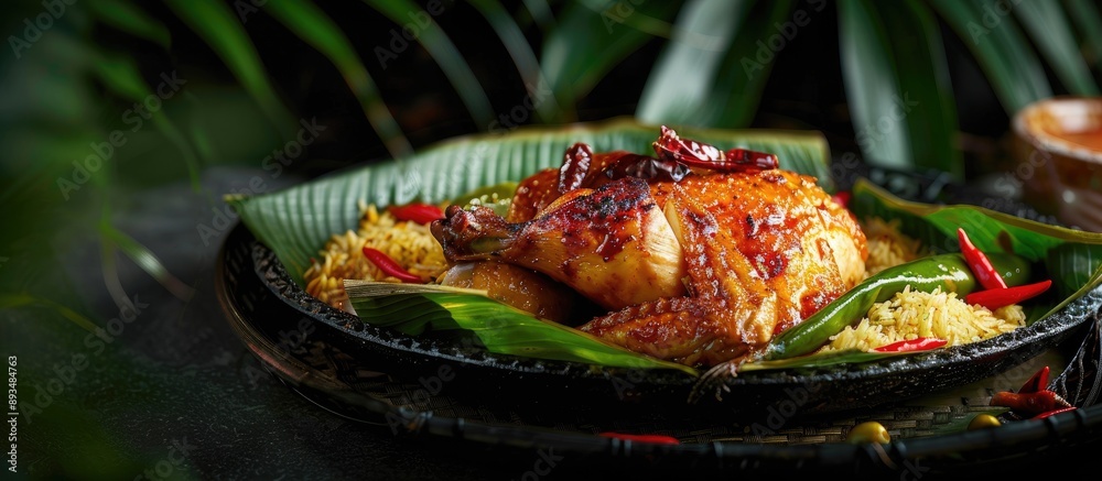 Poster traditional indonesian food roasted rice with chicken cooked in banana leaves on a black background 