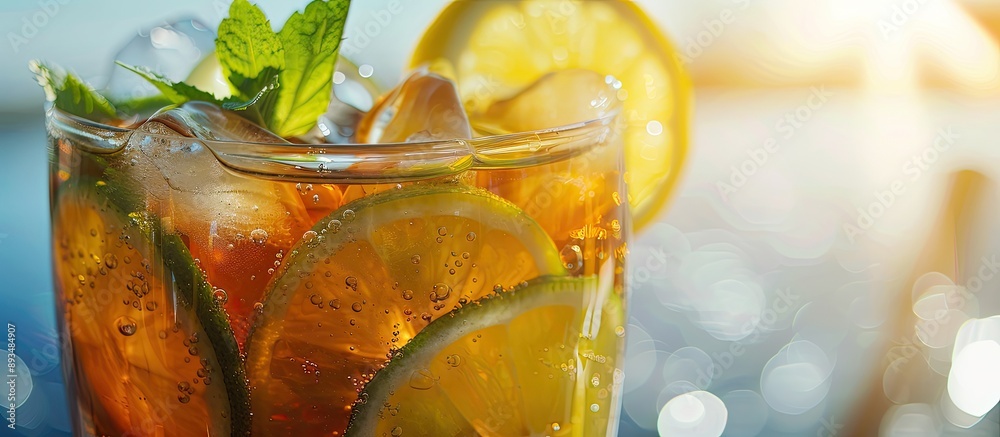 Poster refreshing iced tea garnished with lemon lime and mint perfect for a sunny day s copy space image