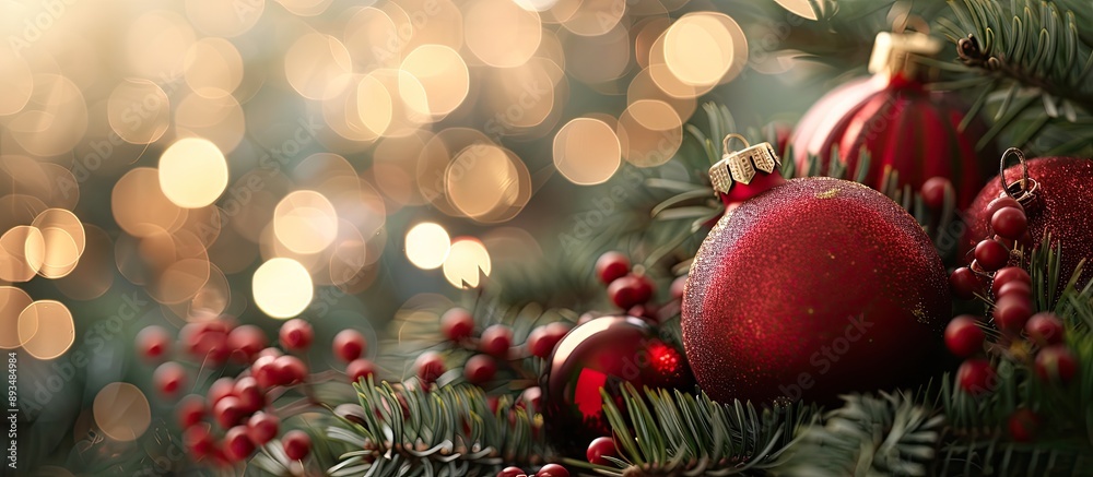 Aufkleber A festive Christmas backdrop adorned with decorations and selective focus on holiday elements features copy space image