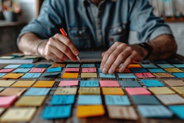 Fototapeta premium A person is organizing multiple colorful sticky notes on a table, indicating planning or brainstorming session with notes categorized methodically for clarity and focus.
