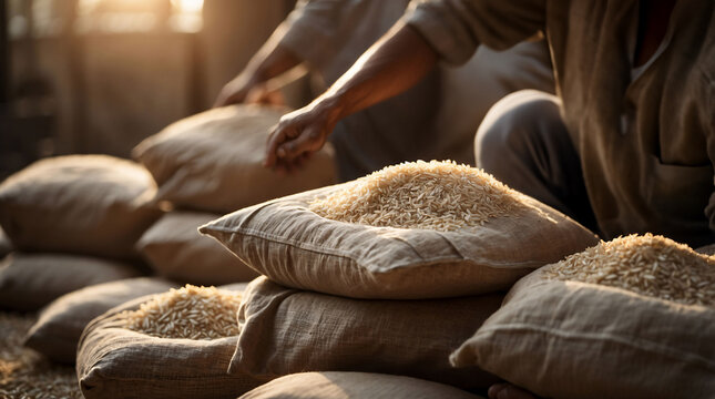 Sacks filled with rice grains after harvest in warehouse ready for export. Commodity market, agricultural trade and rice farming business