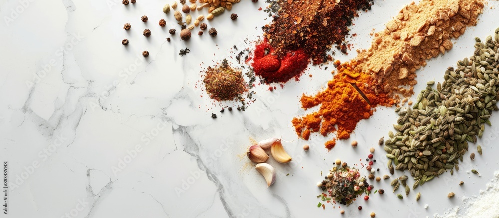 Poster Top view of various spices displayed on a white marble surface with room for text Copy space image