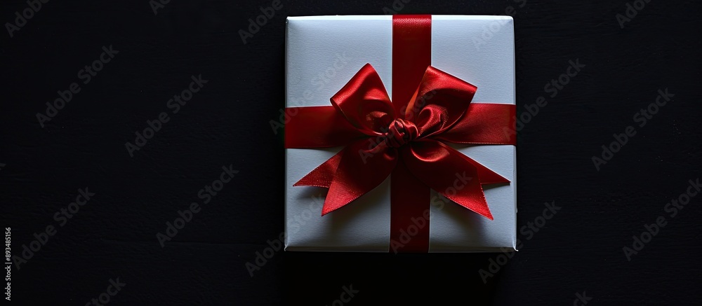 Poster white gift box with red ribbons and bow on a black background ideal for a copy space image