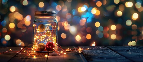 A festive garland of lights displayed in a jar evokes a holiday ambiance for Christmas and New Year s celebrations in a design suitable for a banner with a copy space image