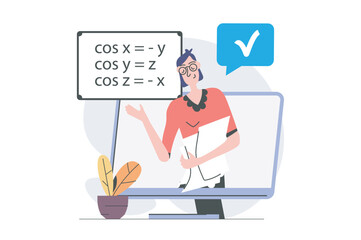 Back to school concept in modern flat design for web. Teacher explaining math lesson information in video for online students, making mathematics tutorials for remote class. Vector illustration.