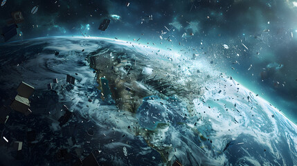 3D illustration of a graveyard of satellites and debris swirls around the Earth. High quality digital space art