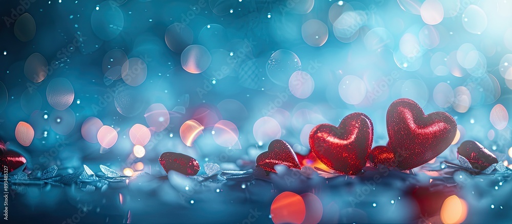 Aufkleber valentine s theme with red hearts on a blue background illuminated by lights and bokeh effects creat