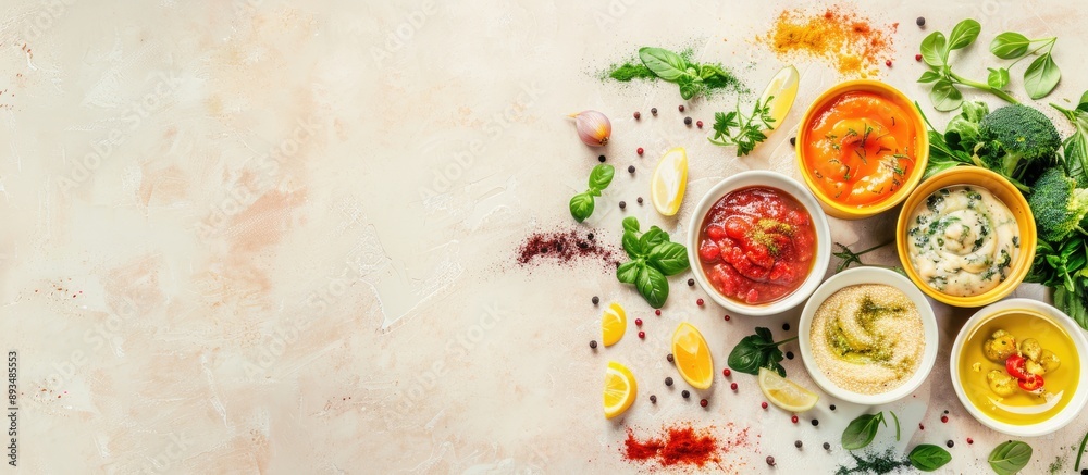 Poster flat lay composition with organic baby food and fresh ingredients on a neutral beige backdrop ample 