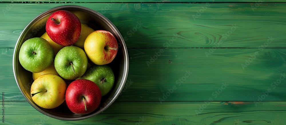 Poster top view of a metal bowl filled with green yellow and red apples placed in the left top corner on a 