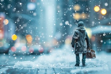 A mini figure commuting through a snowy cityscape, bundled up in a coat and scarf 