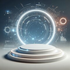 Obraz premium Podium background 3D light tech stage future platform game abstract. Podium 3D background technology room product circle glow effect portal stand studio scene white design ring modern display space. 