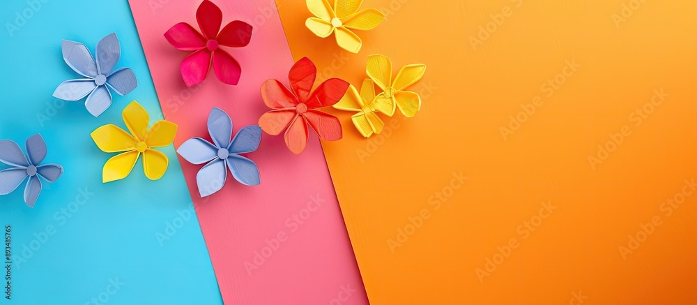 Poster Top view of a flower pattern on colorful paper for a background with copy space image