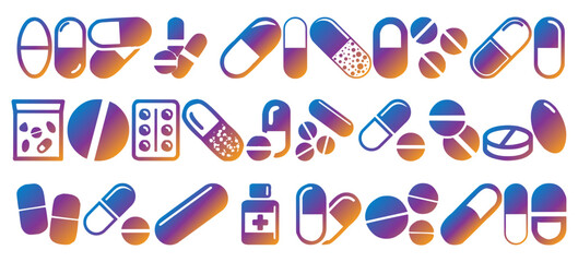 Capsule and pill mega bundle icon. Medicine in drugstore icon
