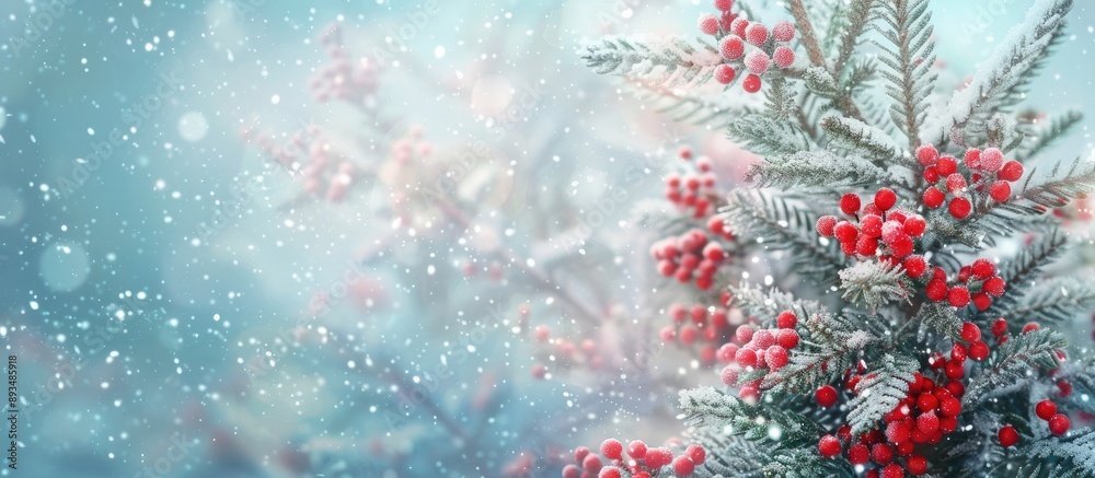 Leinwandbilder winter holiday theme with a christmas tree red berries and snow effect on a background perfect for h