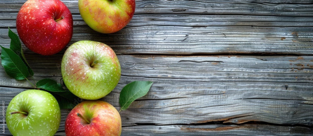 Poster copy space image with green and red apples on a grainy grey wooden background for text and templates
