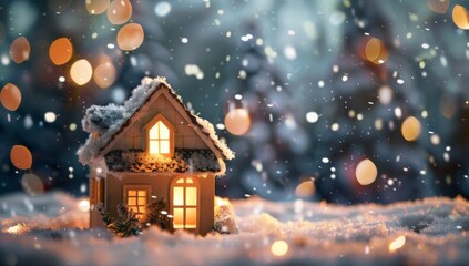 Fototapeta premium Imagine a charming winter cottage nestled in serene snow, creating a festive Christmas atmosphere with its warmth and charm. The cozy ambiance is enchanting, perfect for the holiday season