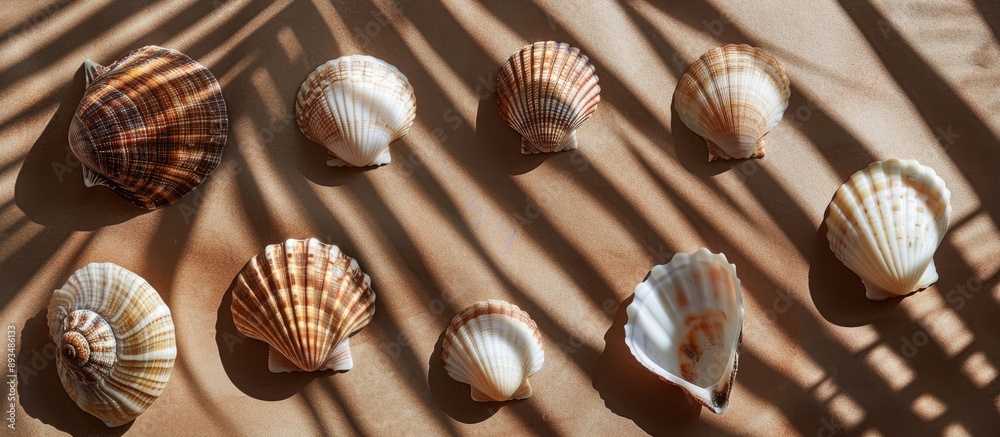 Poster Various seashells with a palm branch shadow on a brown backdrop depicting summer vacation and travel shot in close up with room for text or images. copy space available