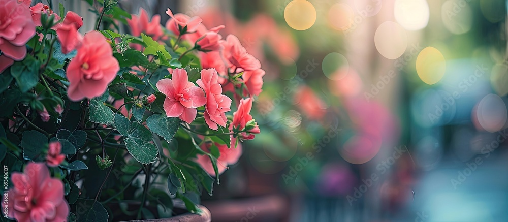 Poster urban environment enhanced with lush begonia flowers featuring selective focus and a background idea