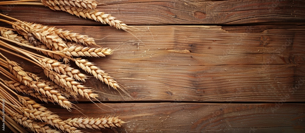 Poster bunch of wheat displayed on a wooden surface harvest theme with copy space image