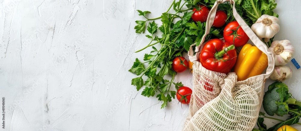Poster Flat lay of eco friendly mesh bag with fresh veggies on a white backdrop leaving room for text in the copy space image