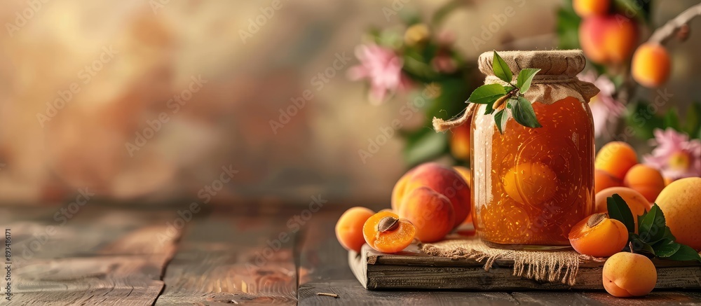 Poster Jam jar placed on a table with apricot jam and fresh fruit creating a vibrant display with a copy space image