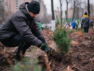 Man Planting a Young Evergreen Tree in Urban Park on Cloudy Day
