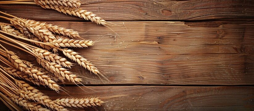 Bunch of wheat displayed on a wooden surface Harvest theme with copy space image
