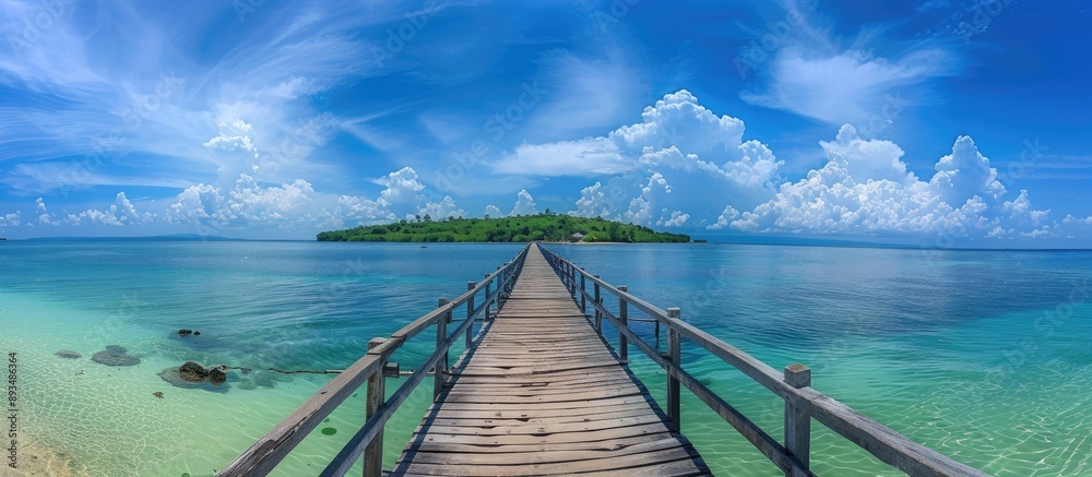Poster aged wooden bridge over clear sea with appealing sky and attractive clouds in a pleasing copy space 