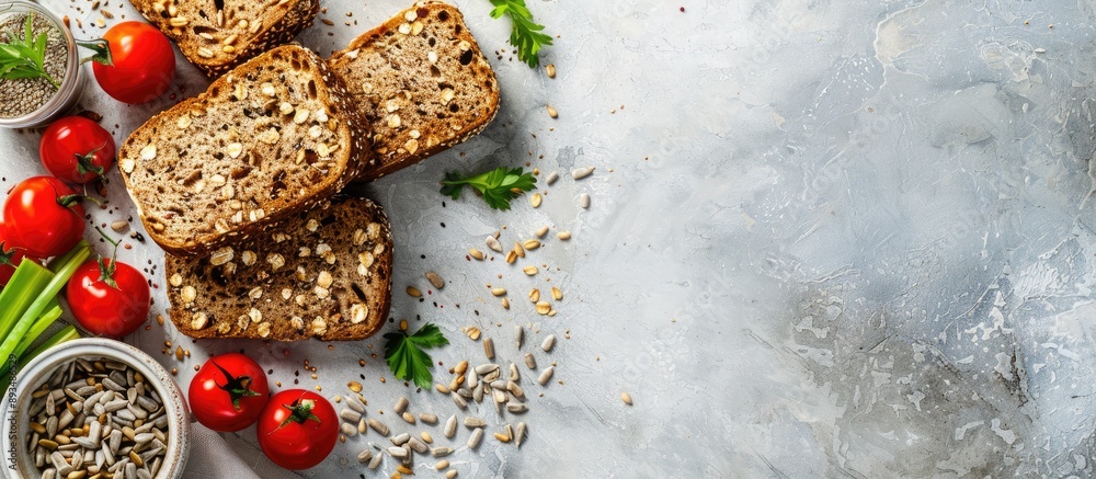 Poster Whole grain bread complemented by sunflower seeds and fresh vegetables on a white rustic table creating an inviting and appetizing copy space image