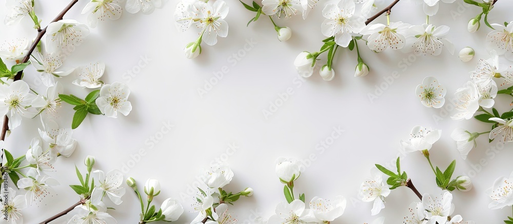 Aufkleber Top view of apricot blossoms creating a spring frame on a white background with copy space image embodying the essence of the spring season