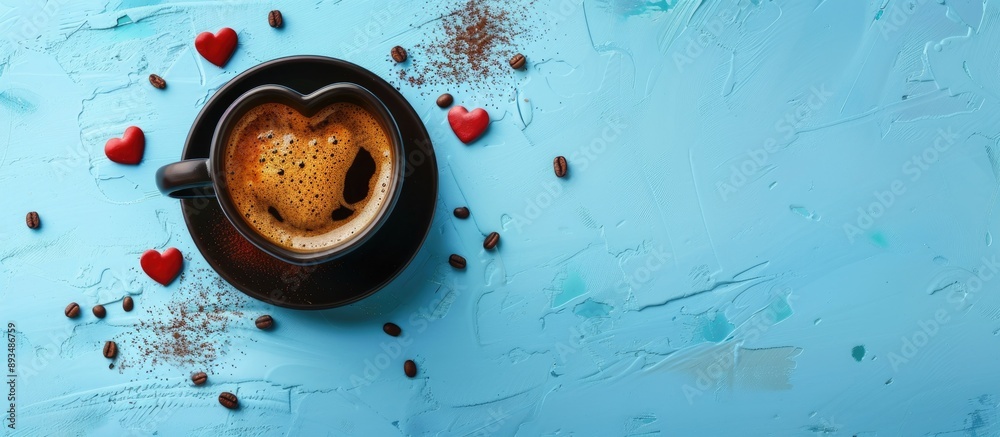 Poster top down view of heart shaped black espresso coffee cup with scattered grains on blue surface offeri