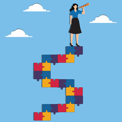 Finding solutions to complete the work with businesswoman standing on an incomplete puzzle using binoculars to look for missing pieces, responsibility for work, leadership mission in facing problems