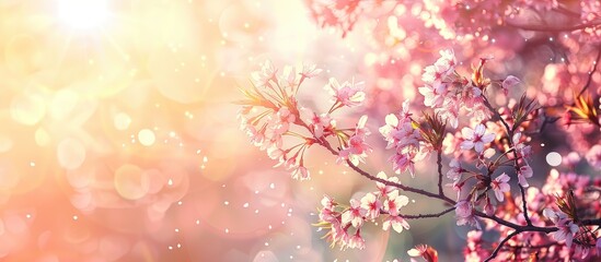 Fototapeta premium A stunning nature scene of a blooming cherry blossom tree in spring with sunlight flare depicted in a retro style against an abstract blurred background with ample copy space image