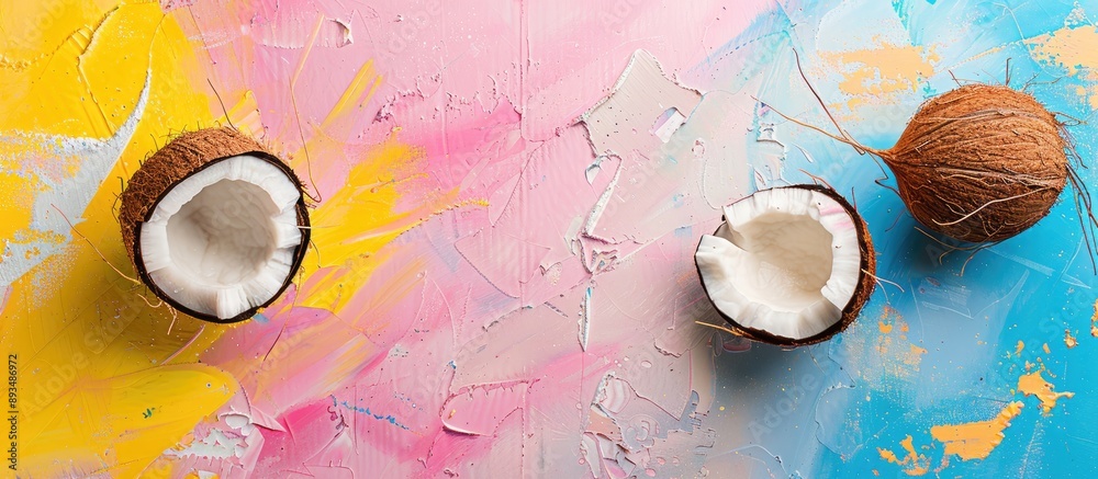 Poster An overhead view of a cracked coconut on a colorful backdrop with copy space image