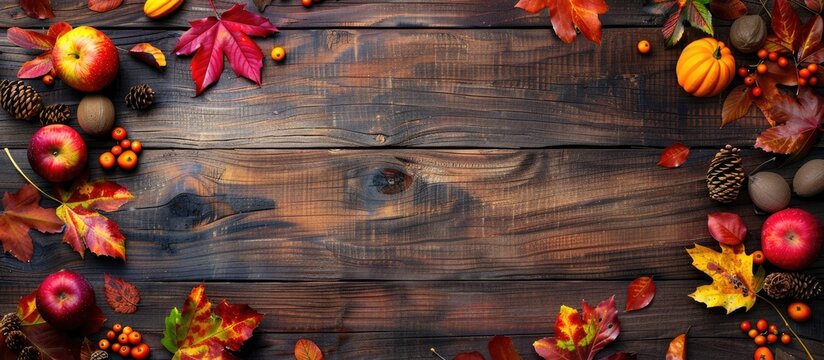 Wooden table background decorated with autumn leaves and fruits creates a scenic copy space image