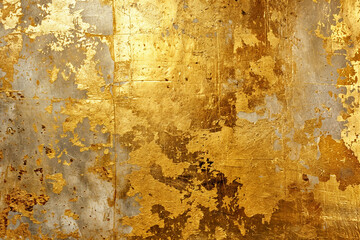 Distressed gold leaf texture on concrete wall, abstract luxury background with peeling metallic foil and exposed gray surface