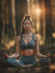 Woman meditating in yoga pose in middle of the wood