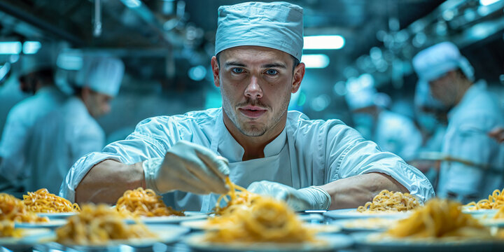 A young apprentice in a restaurant kitchen preparing pasta dishes, a young  man in his 20s working as a cook.