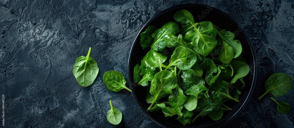 Poster Top view of salad leaves mixed in a black bowl set against a backdrop of dark slate stone or concrete with an empty space for additional content in the image