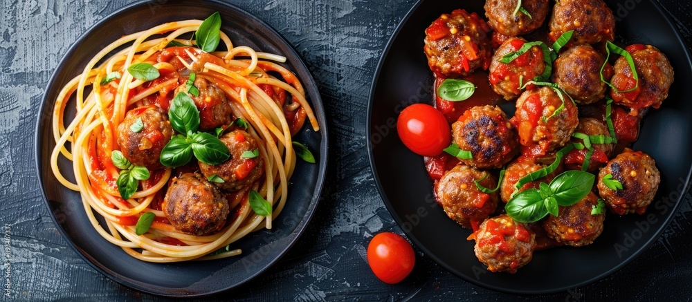 Aufkleber Overhead view of beef meatballs with spaghetti and tomato sauce on a plate with copy space image available