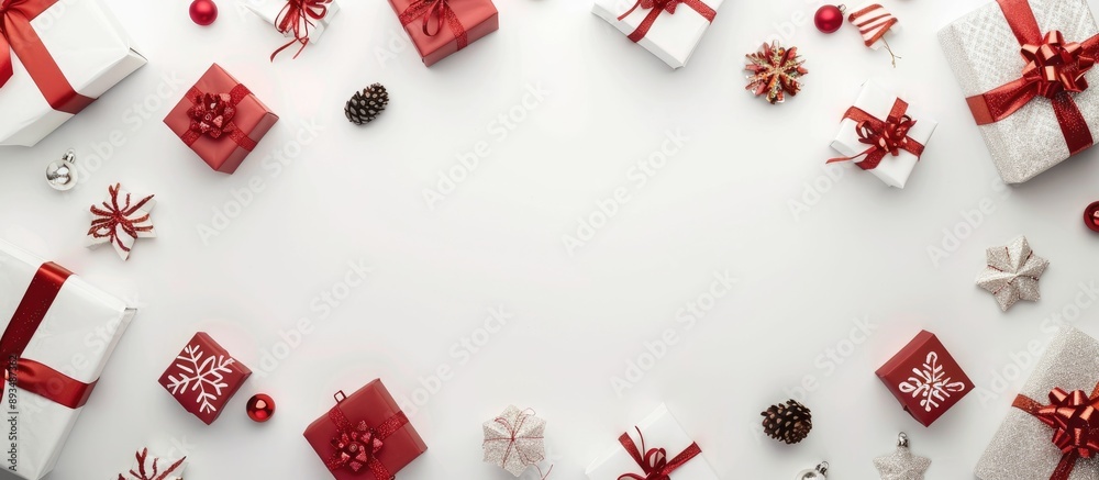 Poster festive christmas gift boxes arranged neatly on white backdrop with copy space image