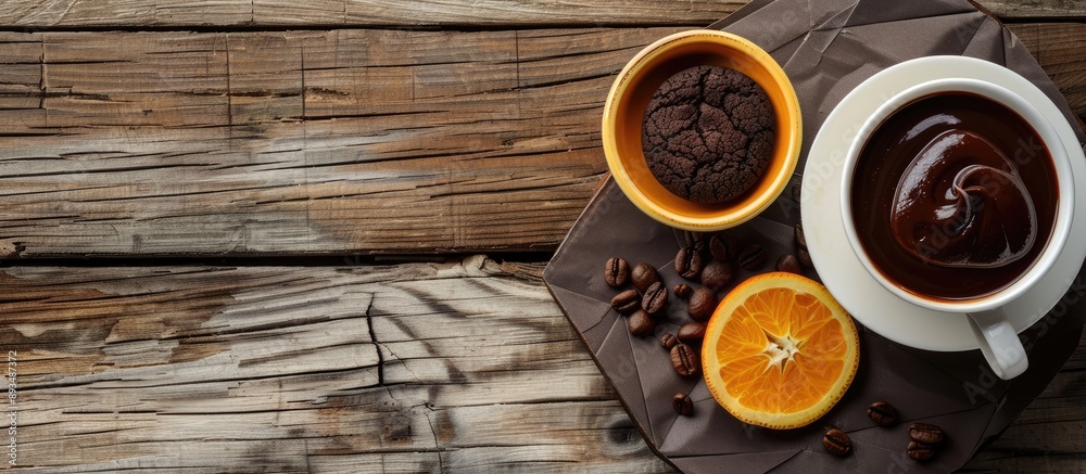 Poster Coffee in a white cup and an orange chocolate cookie with chocolate sauce in a bowl displayed on a geometric wooden table with space for text or images. copy space available