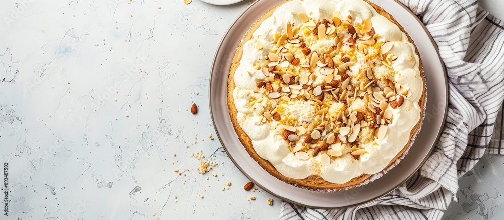 Poster Top view of a homemade cake topped with cottage cheese souffle and almond flakes set on a light rustic backdrop ideal for a copy space image