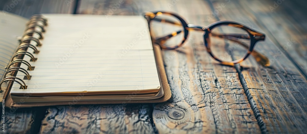 Fototapete Eyeglasses resting on a wooden table next to a notebook with a blank page creating an inviting scene for a copy space image