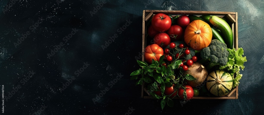 Poster Organic produce arranged in a wooden crate on a dark backdrop seen from above with ample space for text or images