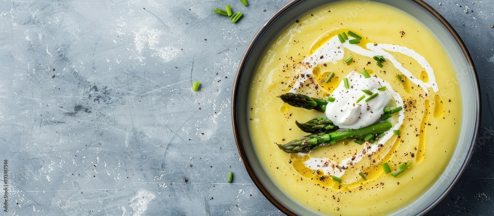 Aufkleber Creamy asparagus soup garnished with a dollop of sour cream in a bowl with a blank space for an image. copy space available