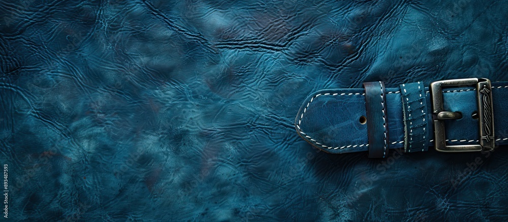 Poster vintage natural leather backdrop featuring authentic blue suede texture with a belt on a copy space 
