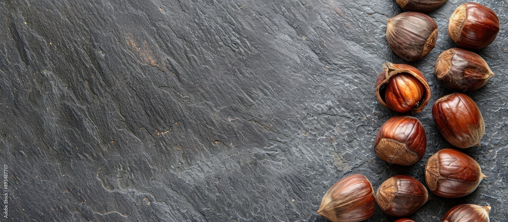 Poster Chestnuts roasted on a slate backdrop with ample copy space image